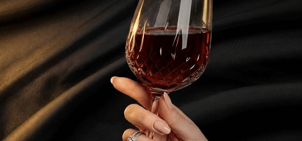 Manicured nails holding a wine glass on a black background.