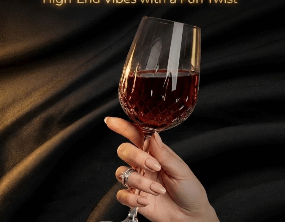 Manicured nails holding a wine glass on a black background.